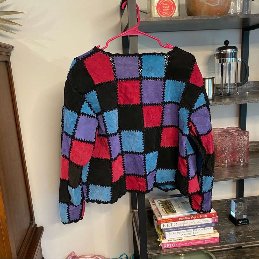 Vintage SMH Boutique Leather Patch Art Crochet Grant Square Jacket XL P Flawed